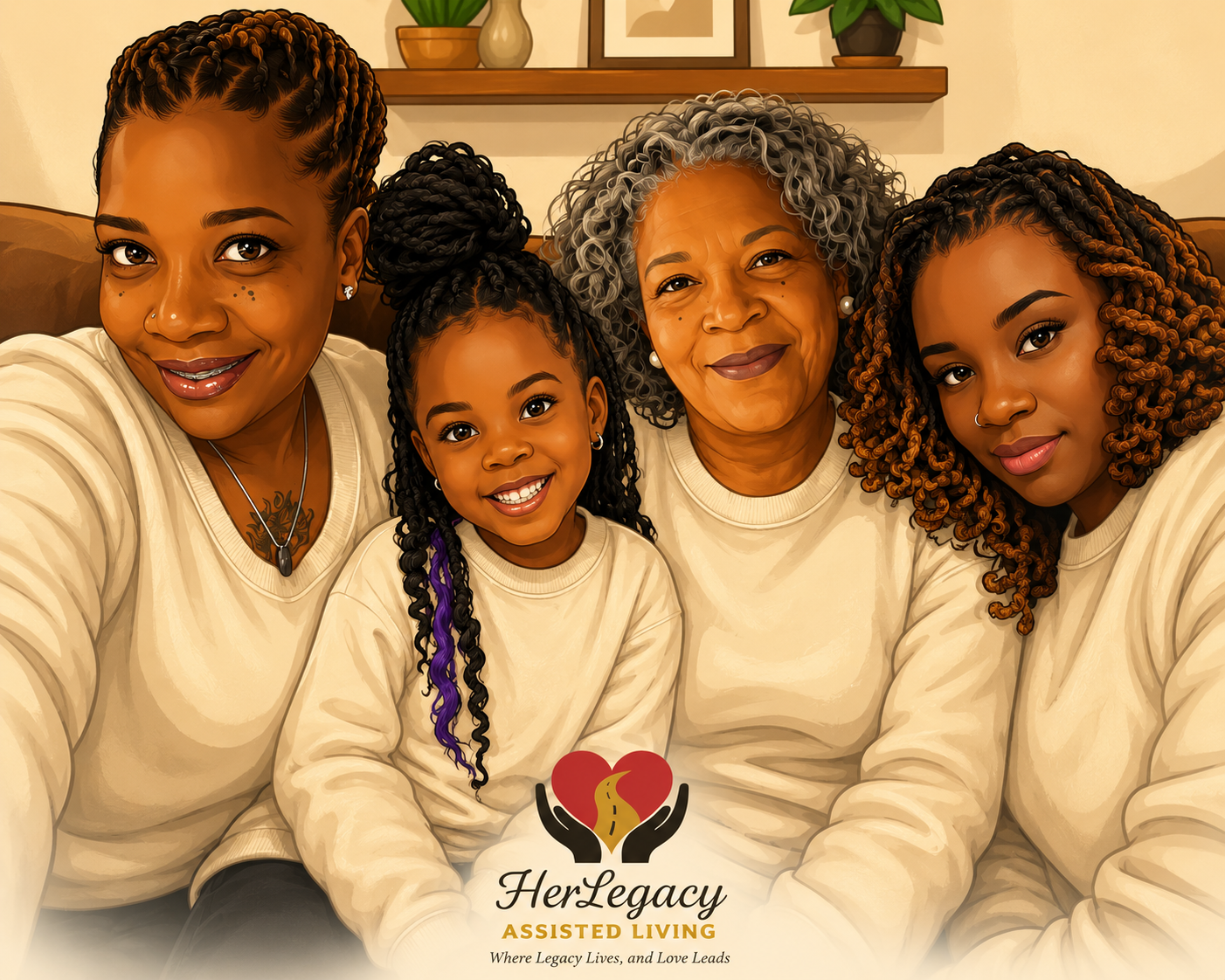 A warm illustration of a multi-generational family together, representing the love and legacy behind HerLegacy Assisted Living
